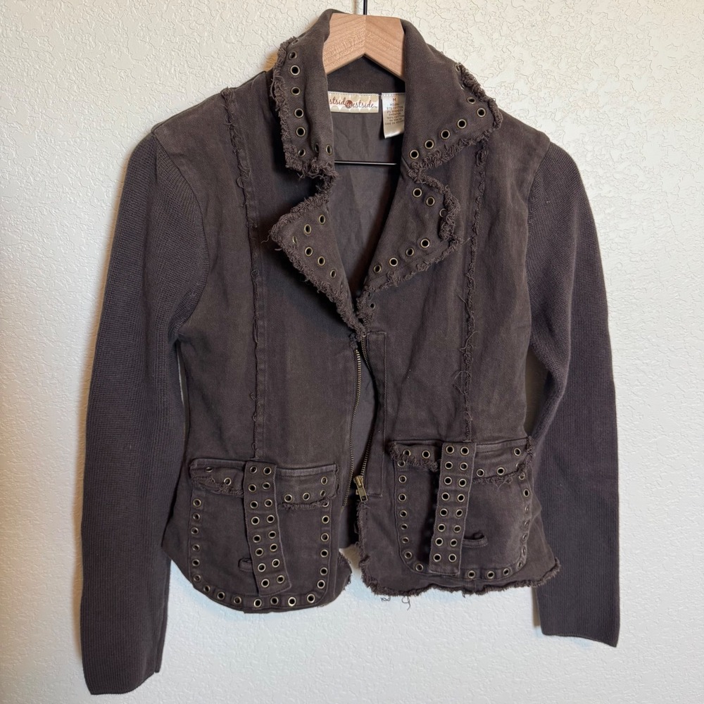 Y2K Grunge Moto Jacket Eastside Westside Medium Brown Grommet Frayed Streetwear